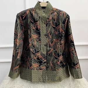 Black Brocade Botanical Print Mandarin Jacket with Geometric Trim